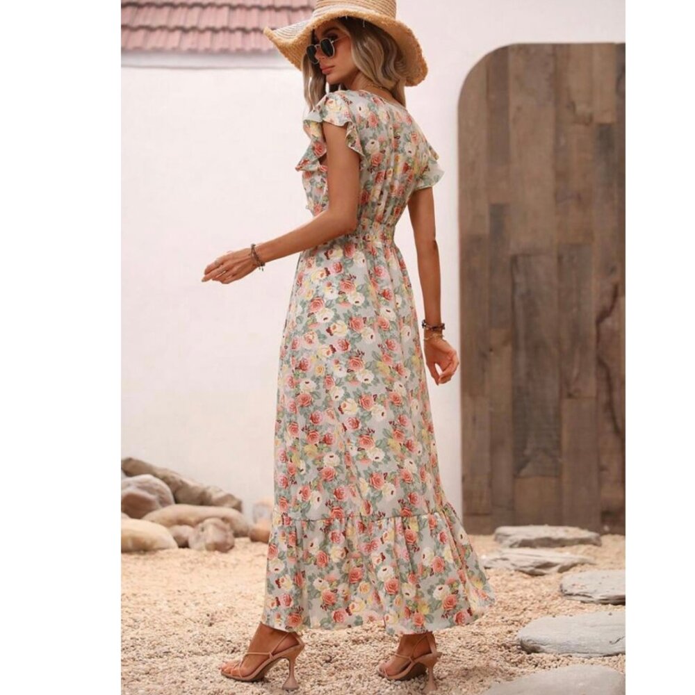 Floral Ruffle Sleeve and Hem Maxi Sundress Medium NIB